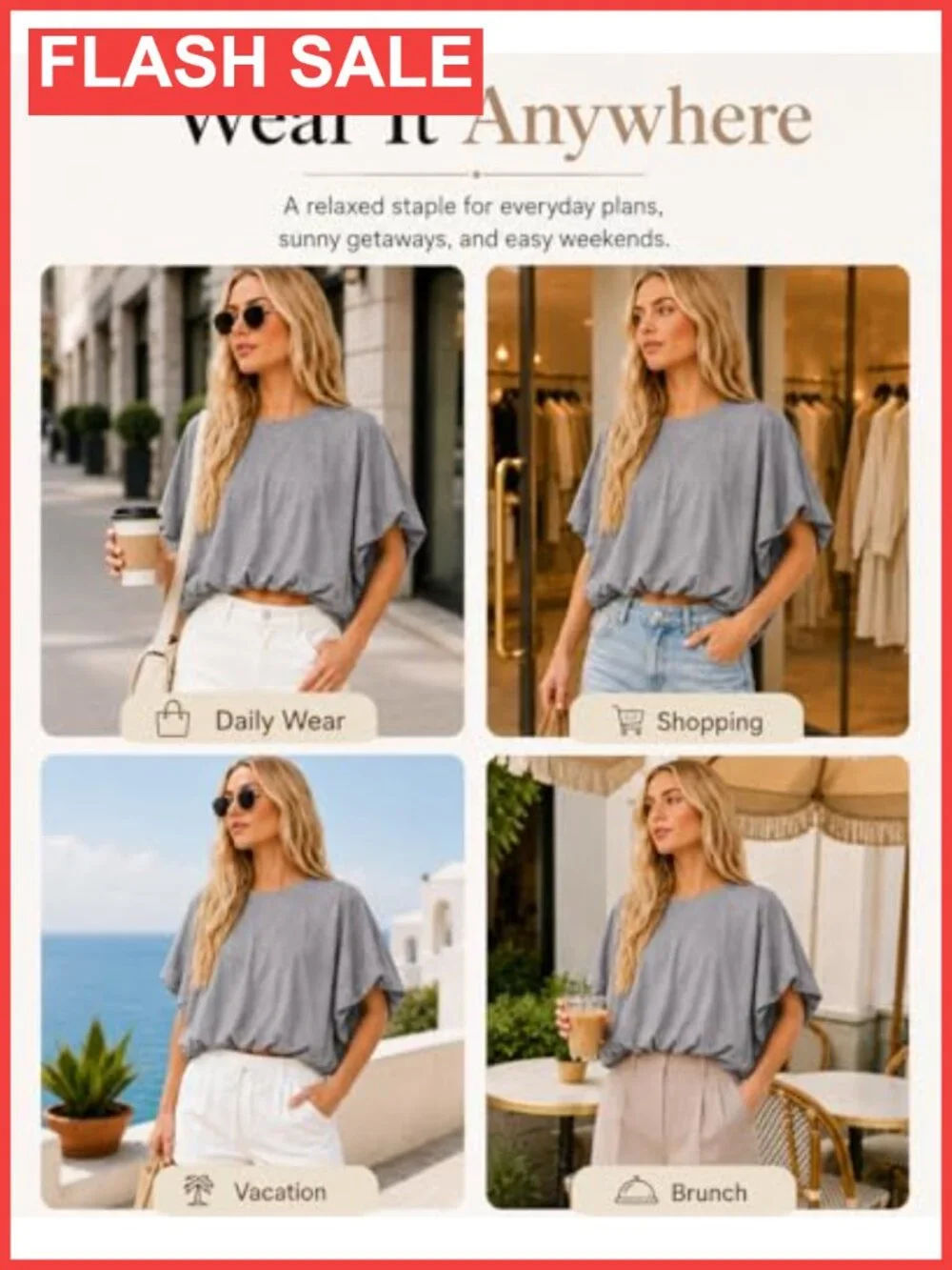 Bubble Hem Crop Top Short Sleeve Crewneck Loose Fit Casual Tee